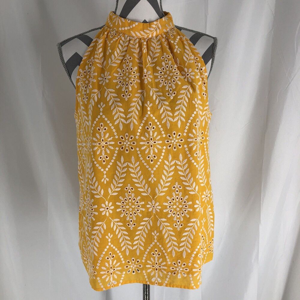 Ann Taylor Yellow Eyelet Embroidered Slvless Shirt Sz M